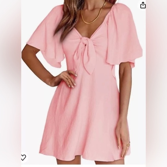 dokotto Tops - Dokotoo Pink Mini Dress V Neck Short Sleeve Tie Back Dress Size M